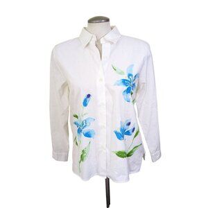 Womens L White Floral Beaded Blouse Button Up Tropical Flower Classic Cotton